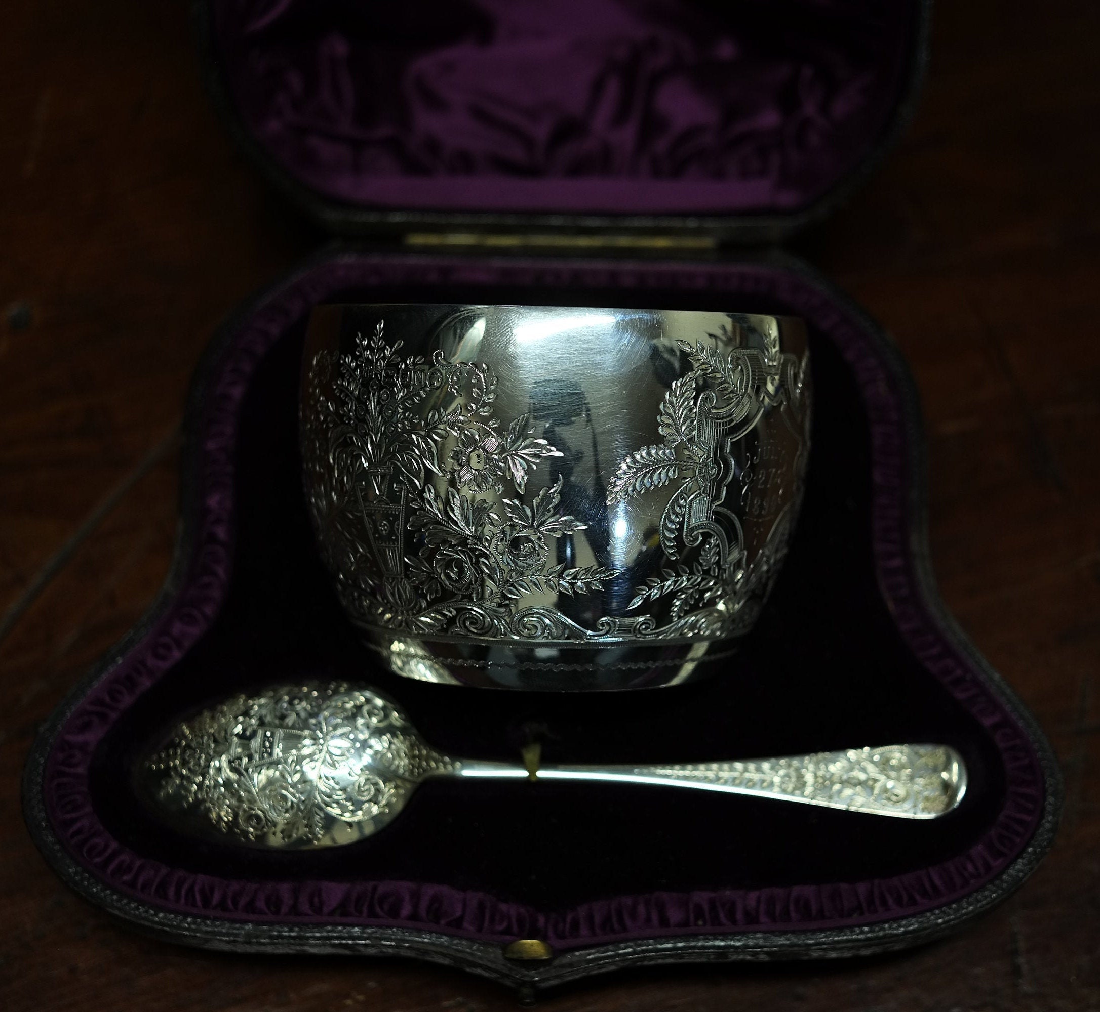 Image of 1888 Late Victorian Silver Cased Christening Set Cup & Spoon
