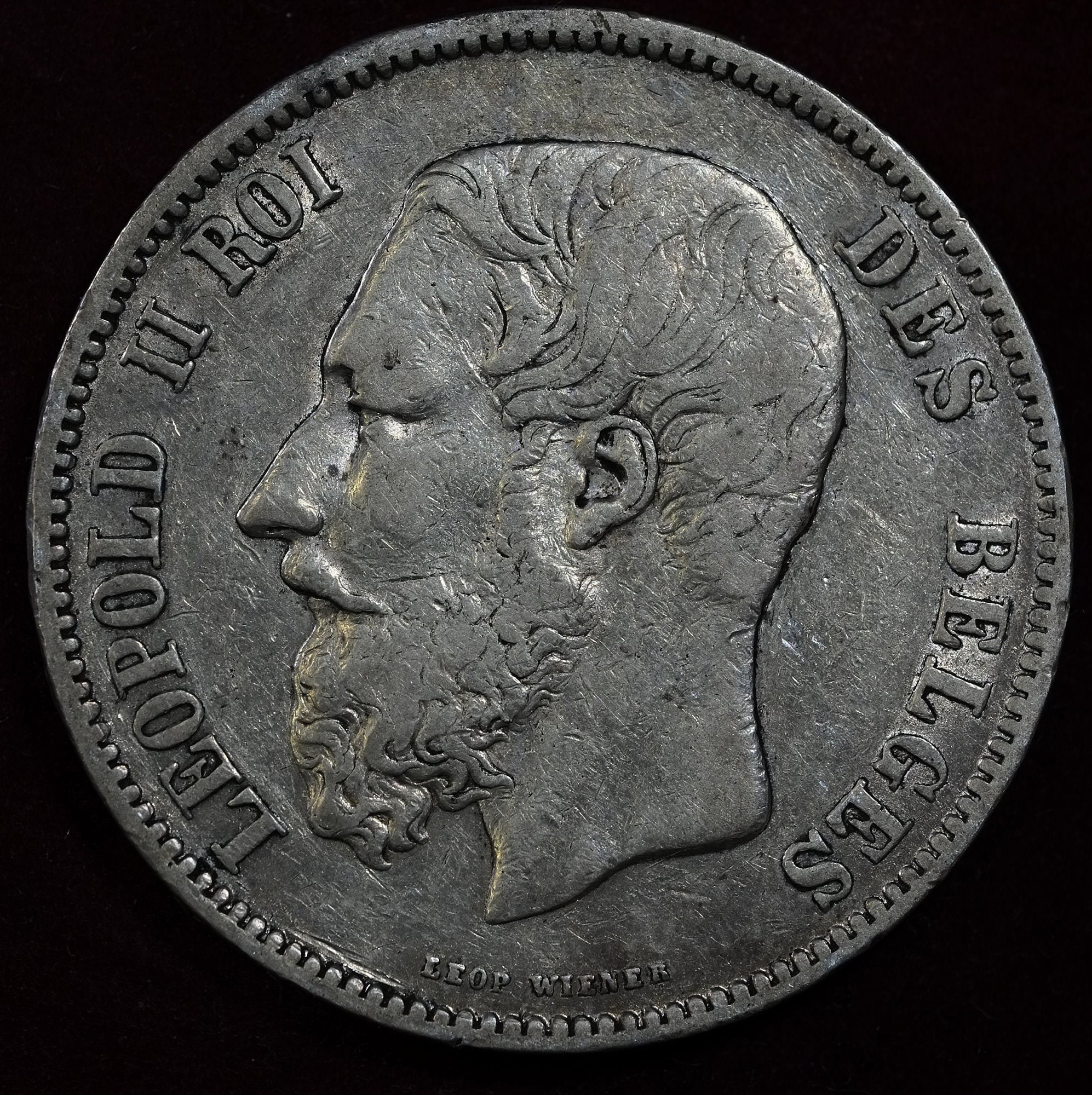 Image of 1869 Silver 5 Francs Leopold Ii King Of Belgium