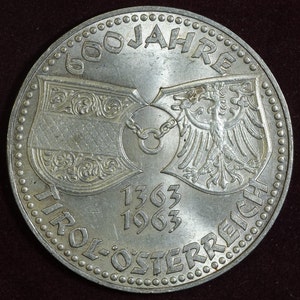 Austria silver 50 Schillings coin 600th Anniversary of the Austrian Tyrol