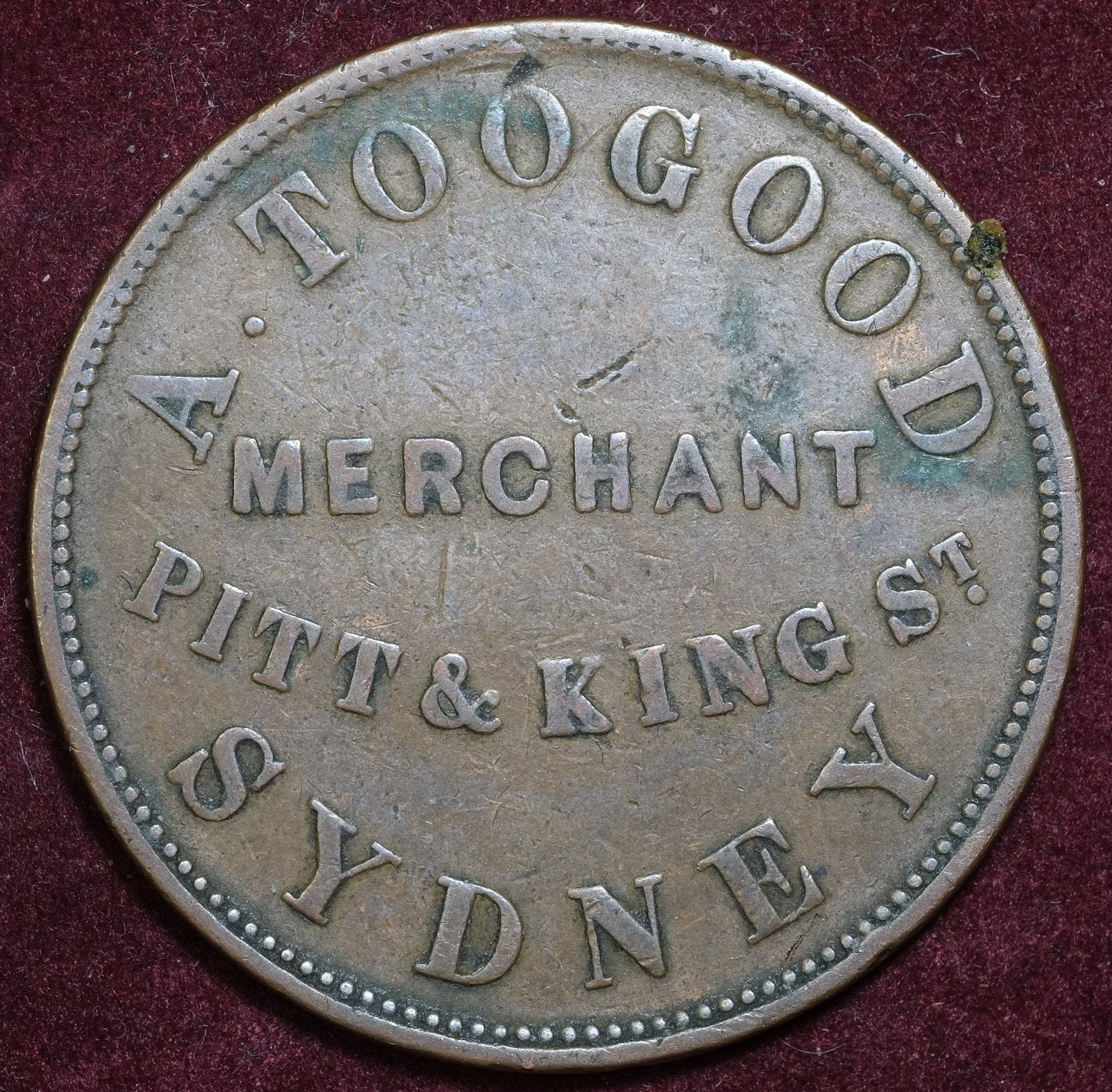 Image of 1855 Penny Token Sydney Australia A Toogood Merchant