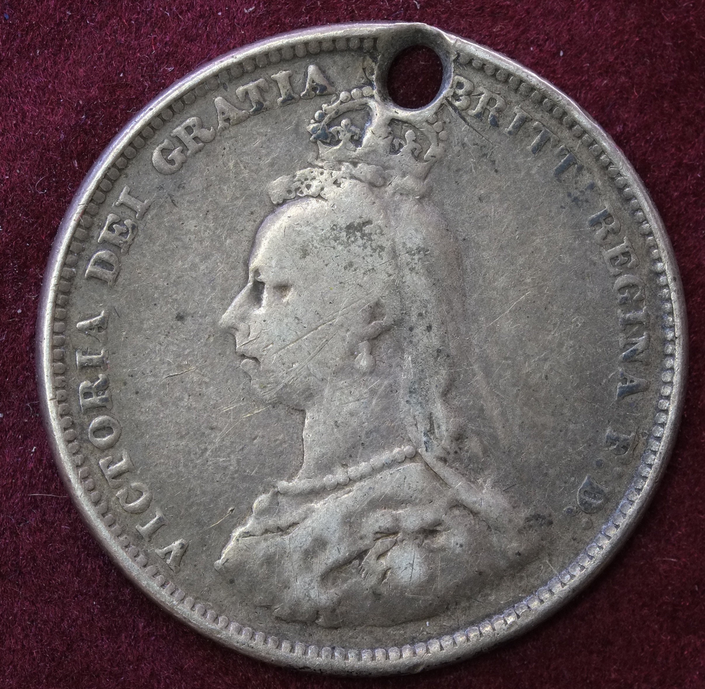Image of 1887 .925 Silver Queen Victoria Jubilee Portrait One Shilling Coin Holed Suitable For Upcycle To Pendant, Charm Or Fob