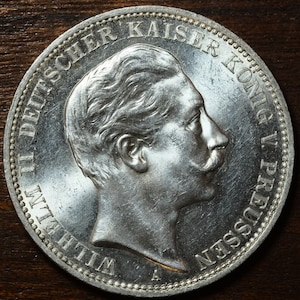 1909 A Casa de la Moneda de Berlín Prusia Plata 3 Mark Kaiser Wilhelm II