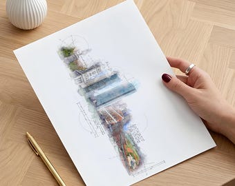 May include: A white rectangular print featuring a detailed architectural watercolour illustration of a city skyline. The artwork incorporates technical line drawings, geometric circles, and handwritten script notes layered over blue, green, and brown tones.