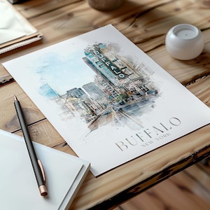 Peut inclure: Une illustration à l'aquarelle de l'horizon de Buffalo, New York, avec le texte "BUFFALO NEW YORK" en bas.