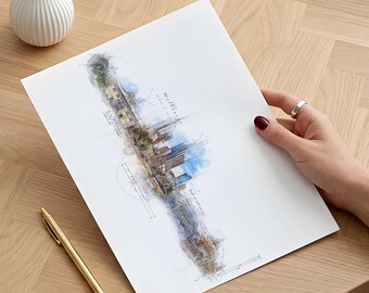 May include: A white rectangular print featuring a detailed architectural watercolor sketch of a city skyline with blue and brown tones, including fine ink lines, geometric construction marks, and handwritten text integrated into the composition.