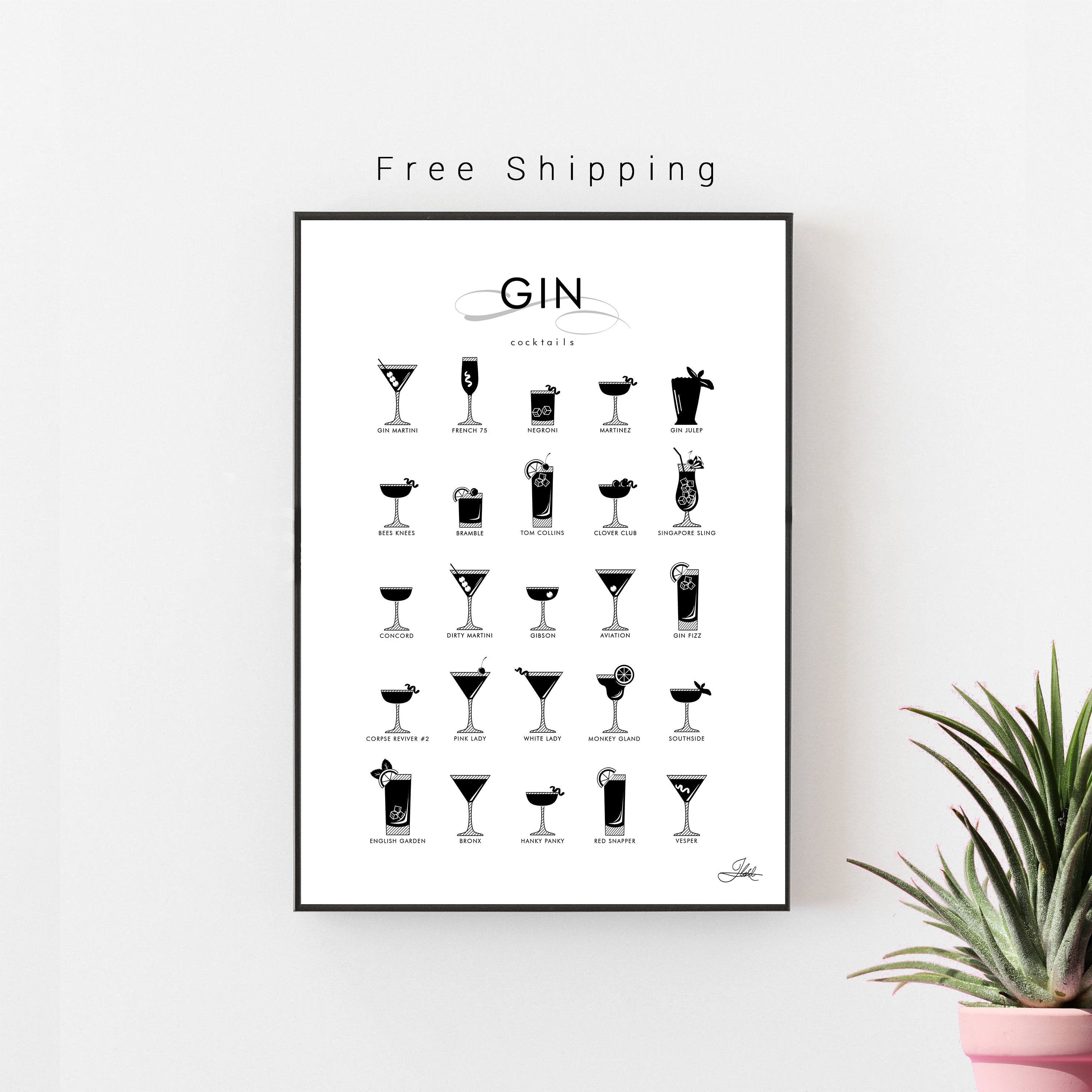 Gin Cocktail PrintCocktail PosterCocktail Recipe ArtBar Etsy