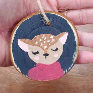 Deer Wooden Round Christmas Ornament / rustic wood slice hand painted acrylic critter Christmas decor