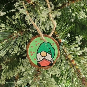 Festive Gnome Wooden Round Christmas Ornament / rustic wood slice hand painted acrylic critter Christmas decor