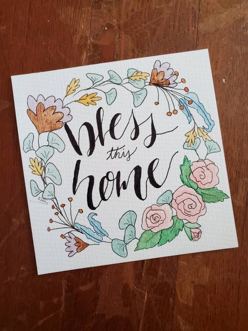 Bless This Home Floral Wreath Watercolor small room wall home decor religious roses flowers