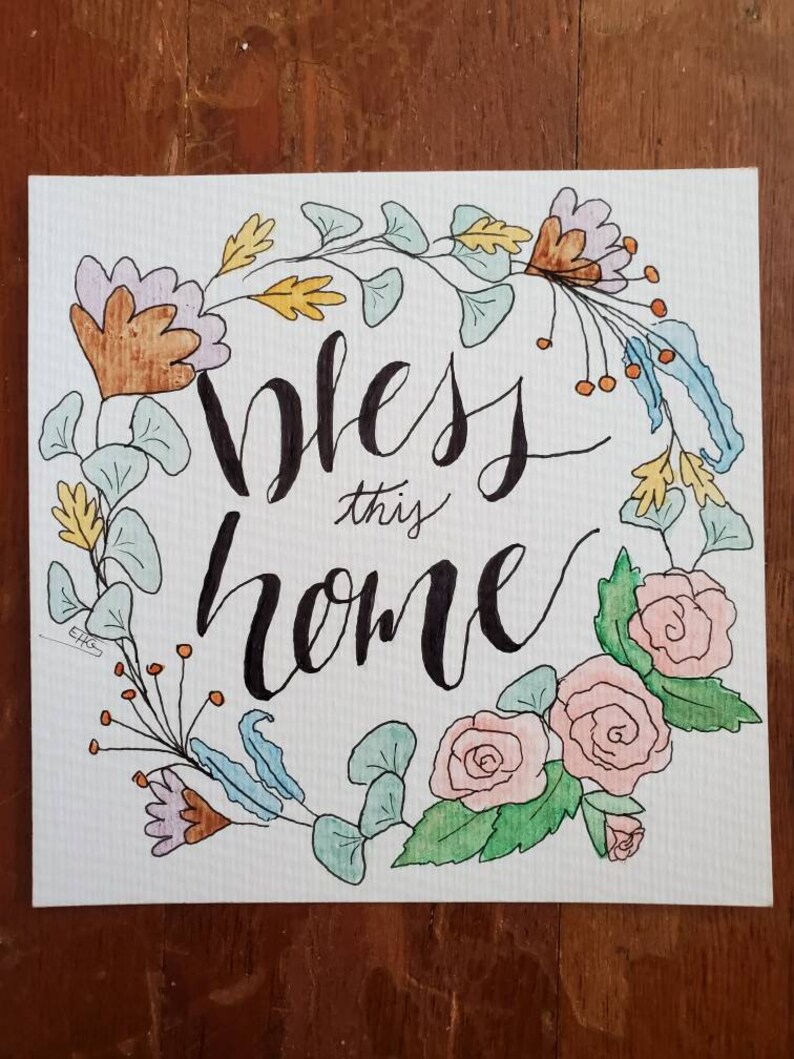 Bless This Home Floral Wreath Watercolor small room wall home decor religious roses flowers