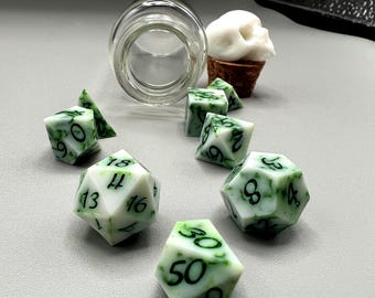 Mini Dice - Faux Tree Agate - 8 piece dice set with skull vial