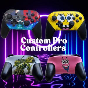 May include: Four custom Pro controllers with unique designs. One features a comic book style design, another has a SpongeBob SquarePants theme, a third has a robot design, and the last one has a Patrick Star design. The text "Custom Pro Controllers" is in the center.