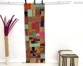Vintage Wool Patchwork Kilim Runner Rug: Colorful Boho Hallway Accent