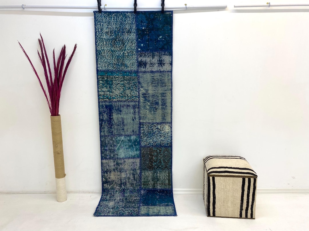 2x7 Blue Patchwork Runner Rug, Vintage Turkish Hallway Rug, Handmade ...