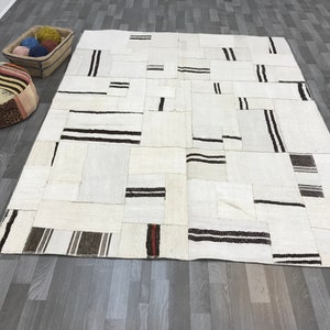 Vintage kelim patchwork vloerkleed 5 x 6, gebroken witte hennep en wol vloerkleed, (5'0 x 6'4 ft)