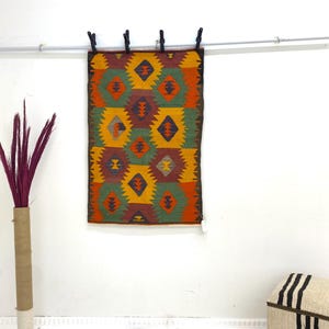 Vintage Turkish Wool Rug: Geometric Boho Wall Hanging (2’4x3’6 ft)