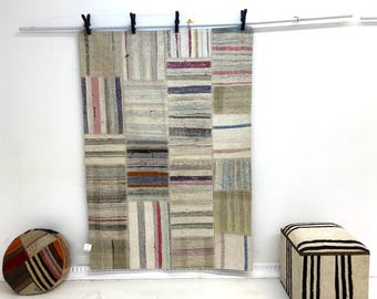 Alfombra vintage de algodón, estilo kilim patchwork, tejida a mano, estilo bohemio pastel, 1,22 m x 1,70 m