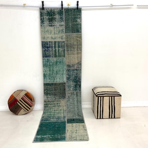 Tapete corredor vintage patchwork 2x9 - Tapete de cozinha boho em tom azul-petróleo suave, 2'3x9'1 pés