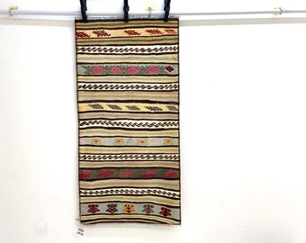 Handwoven Turkish Kilim Rug, Beige Striped Wool Entry Mat
