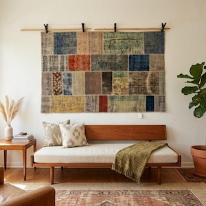 Vintage Patchwork Kilim Rug Wall Hanging, Handwoven Wool Cotton Textile Art, 4'1x6'4 ft