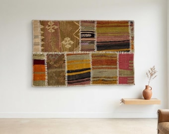 Vintage türkischer Kelim-Patchwork-Wandbehang, handgefertigter Wollteppich (2'0x3'2 ft)