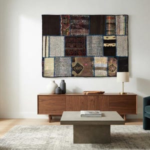 Handmade Patchwork Wall Hanging, Boho Wall Decor, Woven Hallway Tapestry, Vintage Rug Art, 3'3x4'6 ft