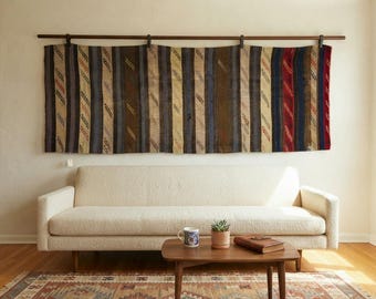 Vintage Handmade Wool Wall Hanging, 9'2"x3'4" Bohemian Tapestry Art