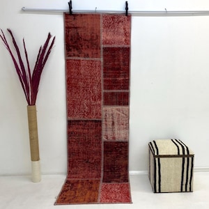 Handmade Red Patchwork Kilim Rug: Turkish Hallway Runner (2&#39;4x7’9 ft)