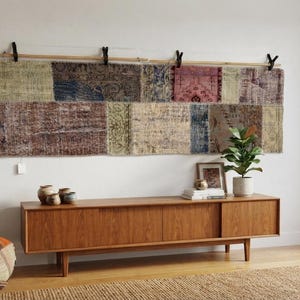 Vintage Patchwork Wall Hanging, Bohemian Woven Tapestry, Long Horizontal Textile Art Decor, 2'4x8'0 ft
