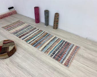 Vintage Turkish Kilim Runner Rug: Striped Hallway Entryway, 2'2x7'7 ft