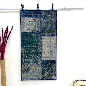 Vintage Patchwork Runner Rug, Muted Blue Green Cotton Wool Small Area Rug, (2’4x4’7 ft)