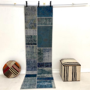 Vintage-Läuferteppich im Patchwork-Stil, blau, 60 x 240 cm, handgewebter türkischer Wollläufer für Flur, abgenutzter Küchen-Eingangsbereichteppich, 75 x 250 cm, antiker Teppich