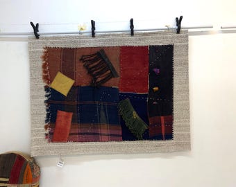 Kilim de patchwork grande para colgar en la pared, arte textil abstracto tejido a mano, 1,06 m x 1,36 m