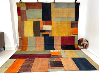 Vintage 1970s Wool Patchwork Kilim Rug, Geometric Boho Floor Decor (8'4x11'5 ft)