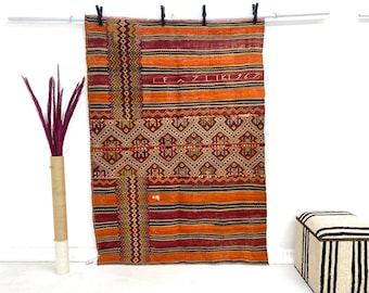 Hand Woven Turkish Kilim Rug: Vintage Wool Carpet, Orange Red, 4'5x6'1 ft