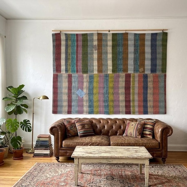 Großer Vintage Wandteppich, Wandkunst, Boho Hängeteppich, Mid Century Modern Textile Wanddekoration, großer bunter Wandteppich, 15x25 cm