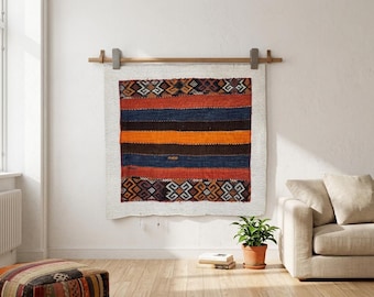 Tapiz Kilim vintage tejido a mano, arte de pared de lana y algodón natural (3'4"x3'7")