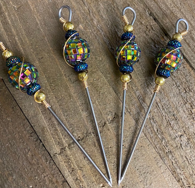 Stainless Steel Glass Mirror Appetizer pick Blue Set of four Rainbow Food pick Martini pick Cocktail pick Skewer