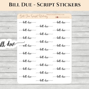 Op de afbeelding: Een vel wit stickerpapier met 20 zwarte script stickers met de tekst "bill due".