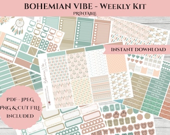 May include: A printable weekly planner kit with a bohemian theme. The kit includes a variety of stickers, boxes, and other elements in shades of pink, green, and brown. The text "BOHEMIAN VIBE - WEEKLY KIT" and "INSTANT DOWNLOAD" is visible on the page.