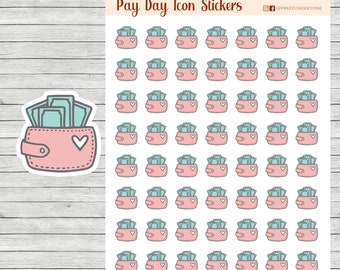 May include: A sheet of stickers featuring a pink wallet with a heart and green bills inside. The sheet has 49 stickers in total.
