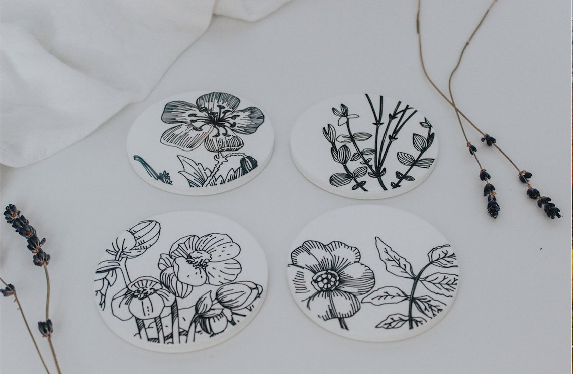 Black and White Hand Drawn Botanical Coasters Set of Four Etsy
