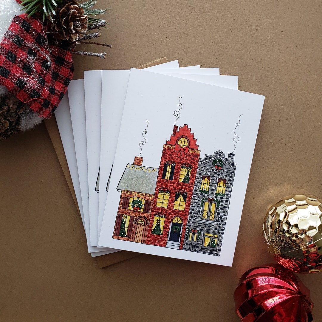 Christmas Row Houses Greeting Card 5 Pack Alcohol Marker Ink Drawing - Etsy