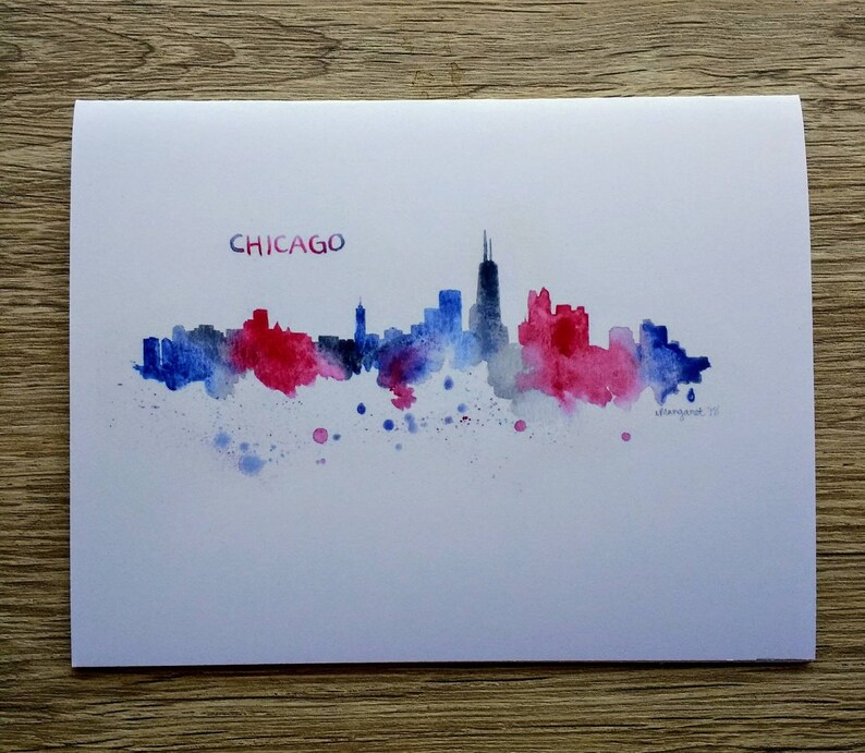 Chicago Skyline Greeting Card Watercolor Note Card Etsy