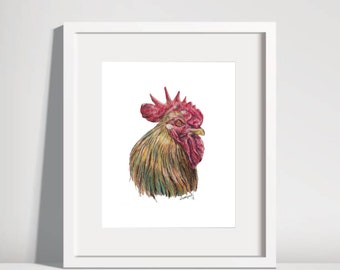 May include: A colorful watercolor painting of a rooster's head. The rooster has a red comb and wattle, and its feathers are a mix of yellow, green, and brown.