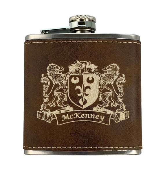 Rustic Brown McInerney Irish Coat of Arms Leather Flask