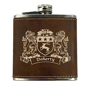 Doherty Irish Coat of Arms Leather Flask - Rustic Brown