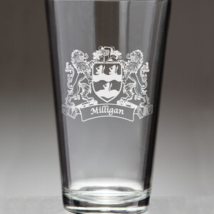 Milligan Irish Coat of Arms Lions Pint Glasses (Sand Etched)