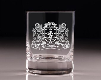 Custom Engraved Coat of Arms Custom Family Crest Lowball Rocks Glass Set of 4