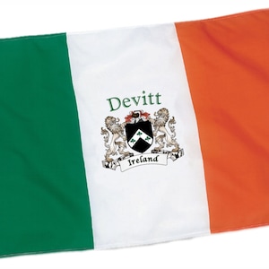 May include: Irish flag with green, white, and orange vertical stripes. The white stripe features the name "Devitt" in green above a family crest with the word "Ireland" below.